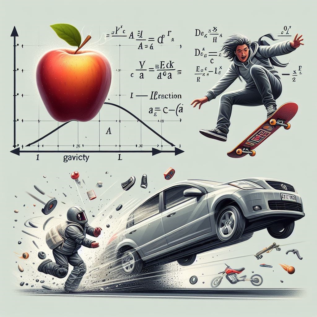 La imagen tiene un joven en una patineta, una manzana, un astronauta, un automóvil en movimiento, y una curva que representa la interacción gravitatoria