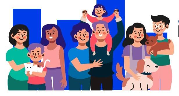 ilustración que muestra a diferentes personas y sus mascotas conviviendo