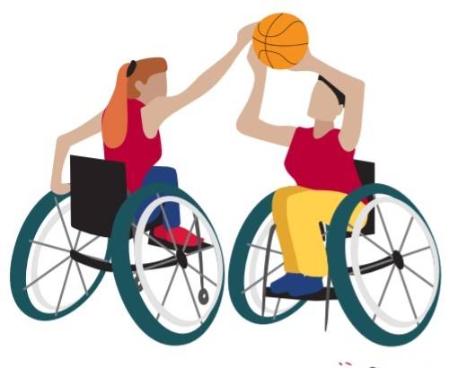 Ilustración de dos personas discapacitadas jugando baloncesto 