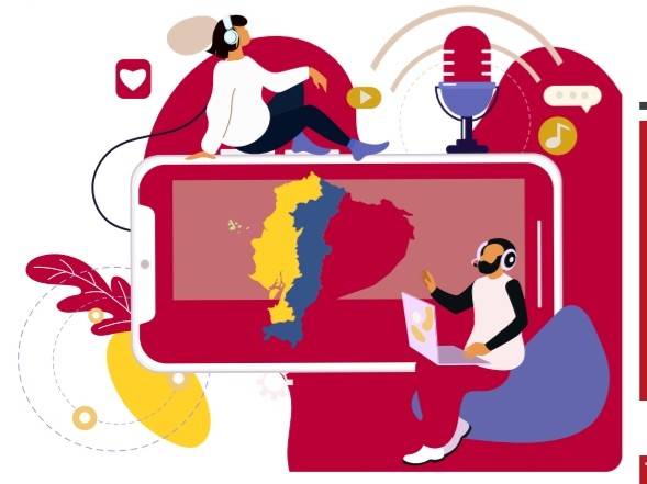 Ilustración que muestra a dos personas escuahdno un podcast 