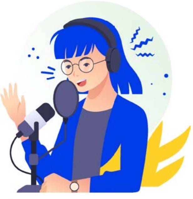 ilustración que muestra a una mujer grabando un podcast