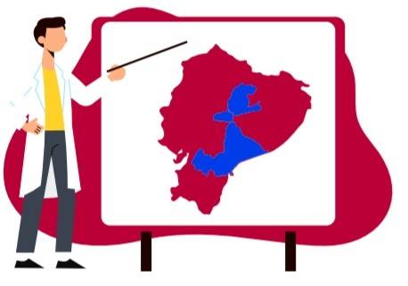 Ilustración que muestra cientifico exponiendo sobre el mapa del Ecuador