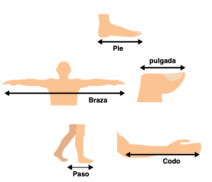 Ilustración de medidas de longitud, relacionadas con el cuerpo humano