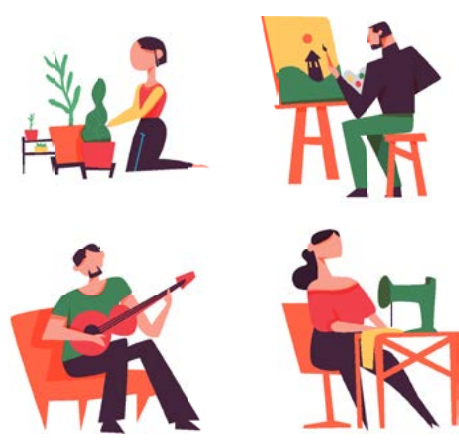 Ilustración que muestra personas pintando, cociendo, haciendo musica y jardineria