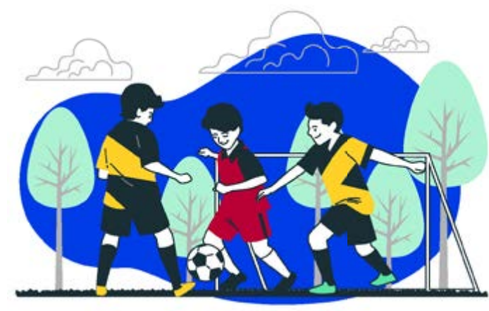 Ilustración de tres niños jugando futbol