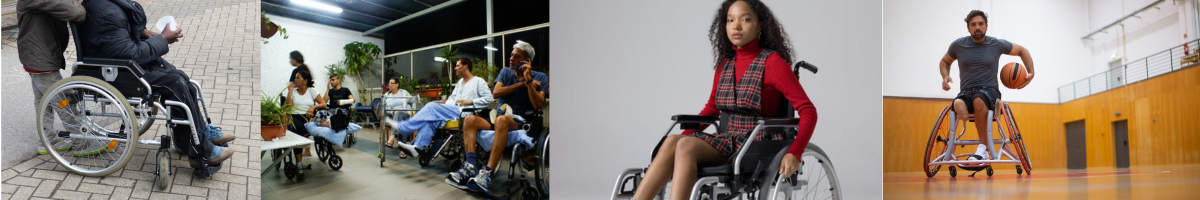 Cuatro fotos en una sola imagen. La primera una persona en silla de ruedas pidiendo limosna. La segunda varias personas en silla de rueda en un hospital. La tercera una mujer afro con silla de ruedas en uniforme escolar. La cuarta un hombre en silla de ruedas jugando baloncesto.